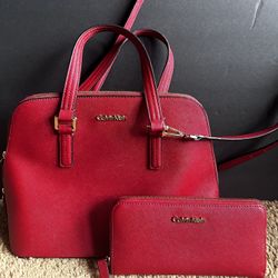 Calvin Klein Satchel Purse with  Matching Wallet & Dust Cover Bag   