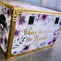 Floral Pink Gold Religious Container Organize Storage Treasure Trunk Gold Accents 