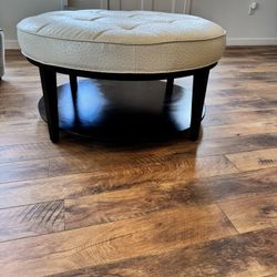 Custom Round Ottoman — Cream Ostrich-Look Upholstery & Dark Wood Base