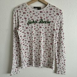 JOHN DEERE Y2K White Pink Floral Cottage Waffle Knit Thermal Long Sleeve Top