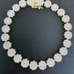 14k yellow gold 3CTW Natural Diamond Flower Cluster iced out Tennis bracelet 7” 7.15mm