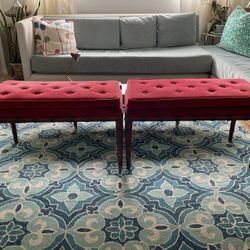 Eclectic Mid-Century Upholstered Red Benches with Bamboo Frame
