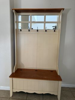 Farmhouse Wood Entryway Tree Bench/ Storage Hooks And Mirror 