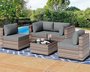 5 Piece Patio Furniture Sets, Low Back All-Weather Rattan Sectional Sofa with Tea Table&Washable Couch Cushions, Patio Furniture Sets,