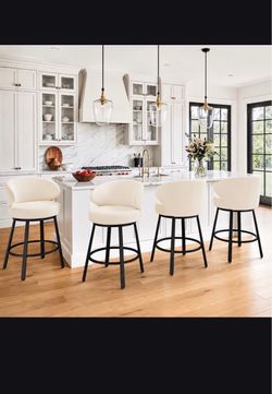 Set of 4 Cream Upholstered Swivel Counter Stools