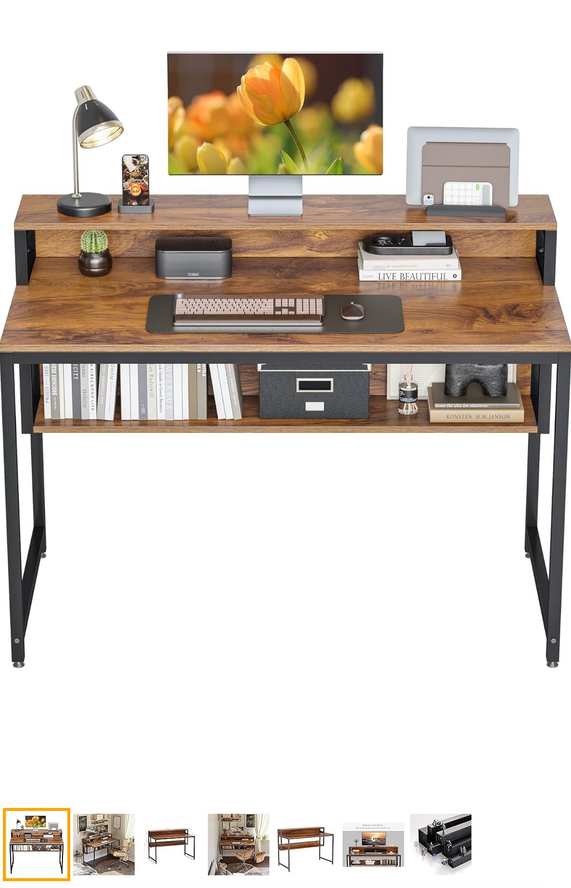 ubiker Computer Home Office Desk, 47" Small Desk Table with Storage Shelf and Bookshelf, Study Writing Table Modern Simple Style Space Saving Design, 