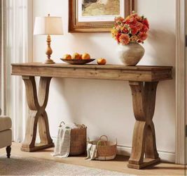 LD0094 new assembled 63-Inch Solid Wood Console Table, Farmhouse Entryway Table with X-Shaped Legs, Long Sofa Table for Living Room, Hallway, or Foyer