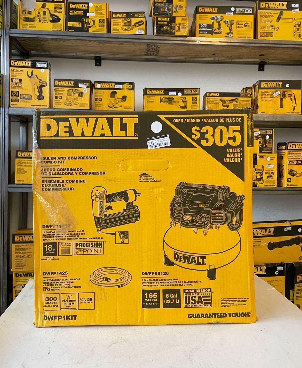 6 Gal. 18-Gauge Brad Nailer and Heavy-Duty Pancake Electric Air Compressor Combo Kit…..DWFP1KIT