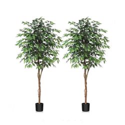 Kazeila 6 Feet Artificial Ficus Tree - Fake Silk Plants with Lifelike Leaves and Natural Wood Trunk - Faux Potted Tree for Indoor Home Decor - 2 Pack