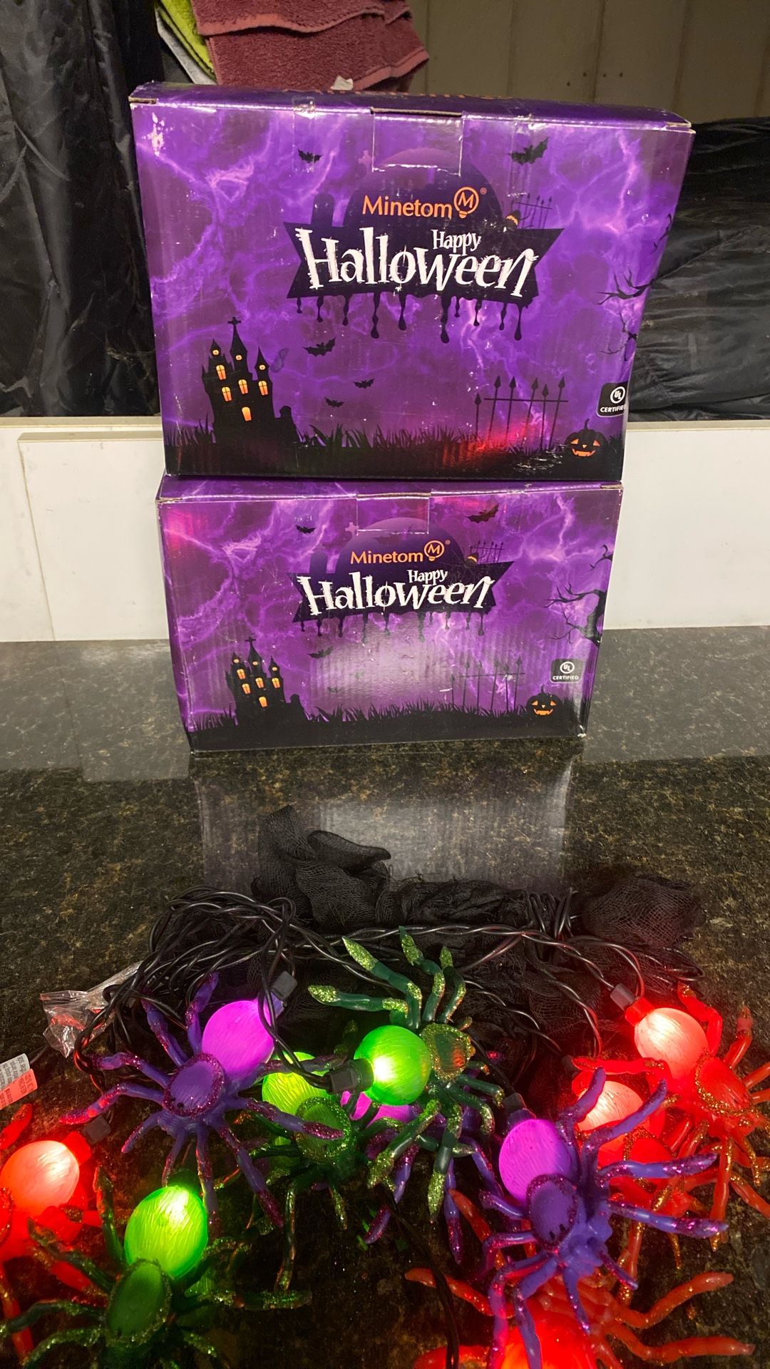 Halloween spiders with web and lights