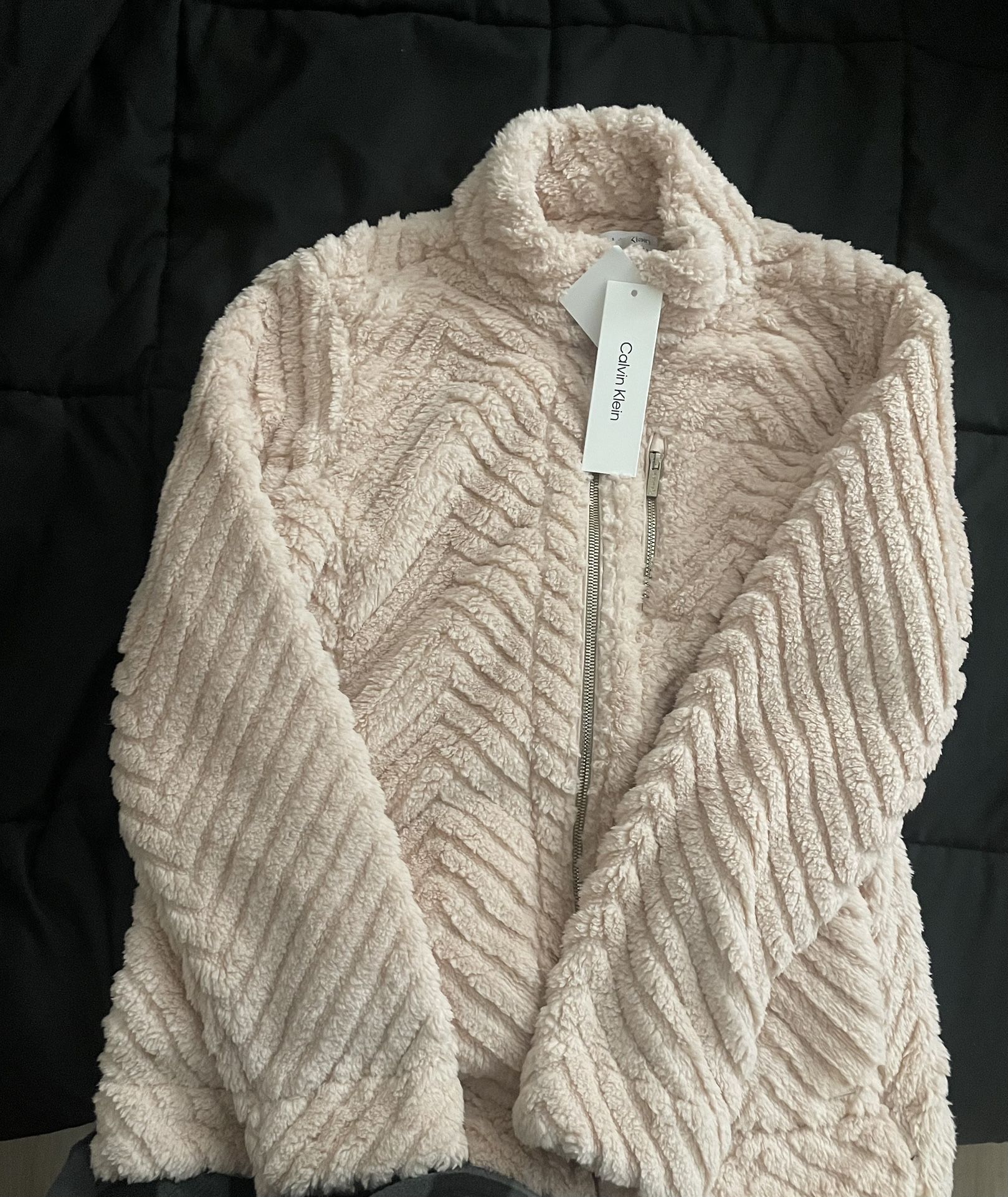  Calvin Klein pink faux fur full-zip jacket