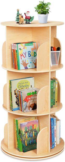 OOOK Kids Rotating Bookshelf, Small Corner Bookshelf for Small Space, 360° Display 3 Tier Floor