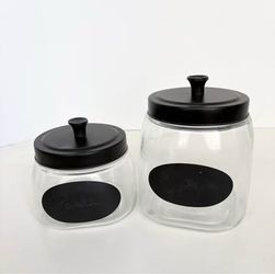 Set of 2 Glass Canisters Jars with Black Lids | Great for Kitchen or Bathroom