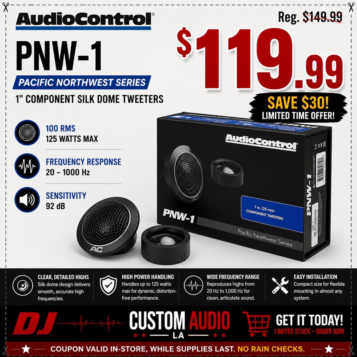 AudioControl PNW Series PNW-1 1 Inch Dome Tweeters 125 Watts Max 🚨 Payment Options Available 🚨 No Credit Needed 🚨