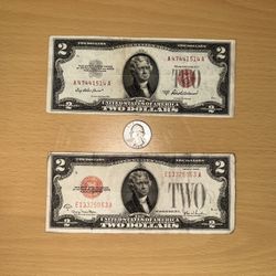 1928 G $2 Dollar Bill And 1953 A $2 Dollar Bill Silver Quarter 1964 D