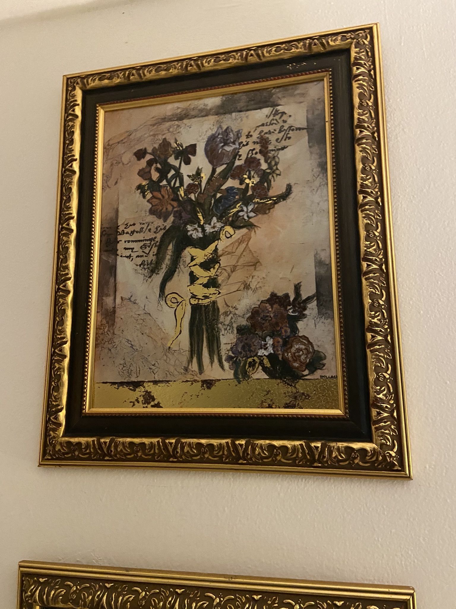 Set of 2 Jennifer Hollack Sonet Foil Mixed Media Floral Bouquet Paintings