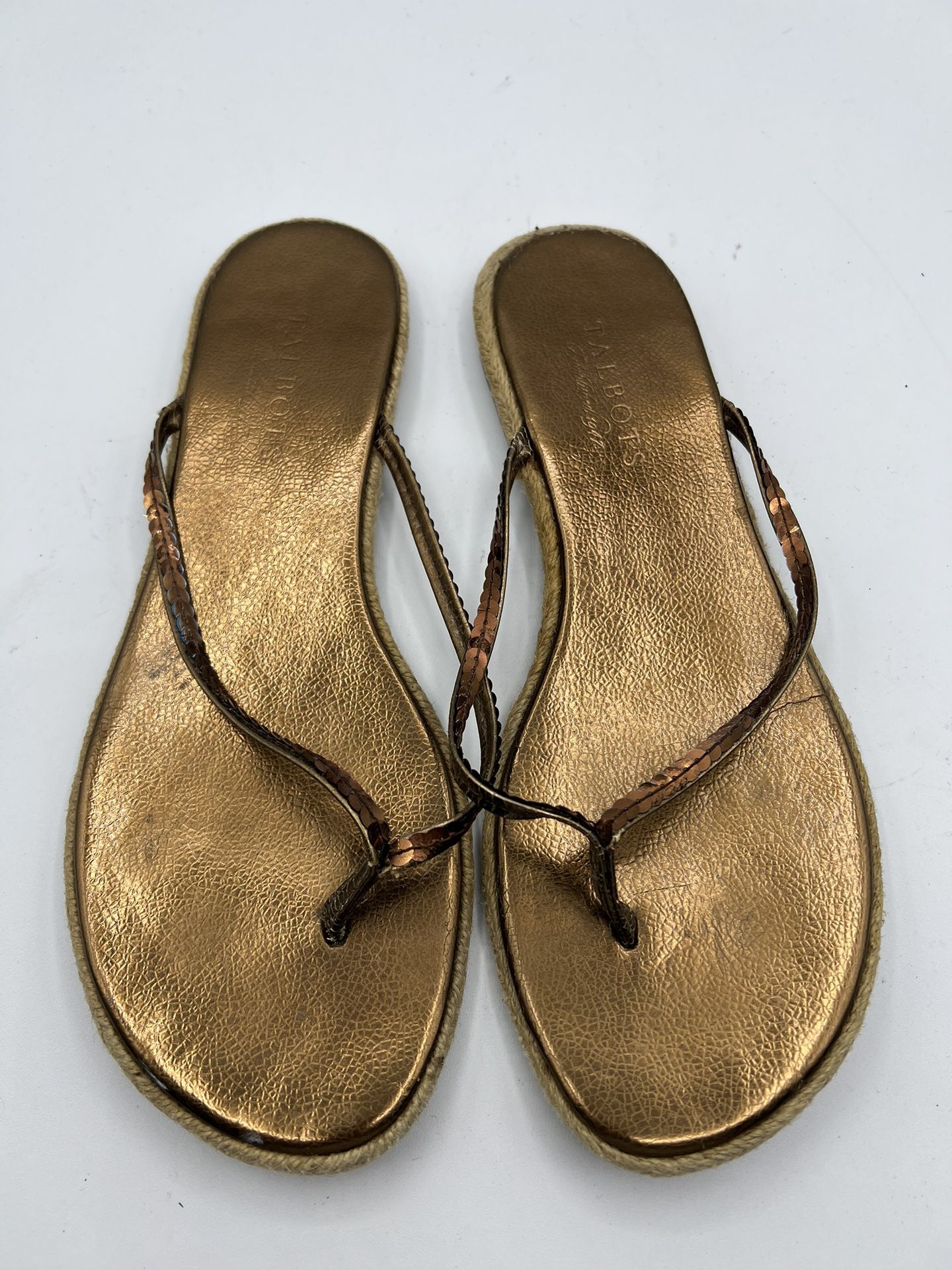 Talbots- Copper Sequence Flip Flops w/ Jute Bottom Sequence Summer Shopping.  Great condition size 8.5 B42 