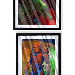 alien and predator 2 piece custom art set on black frame
