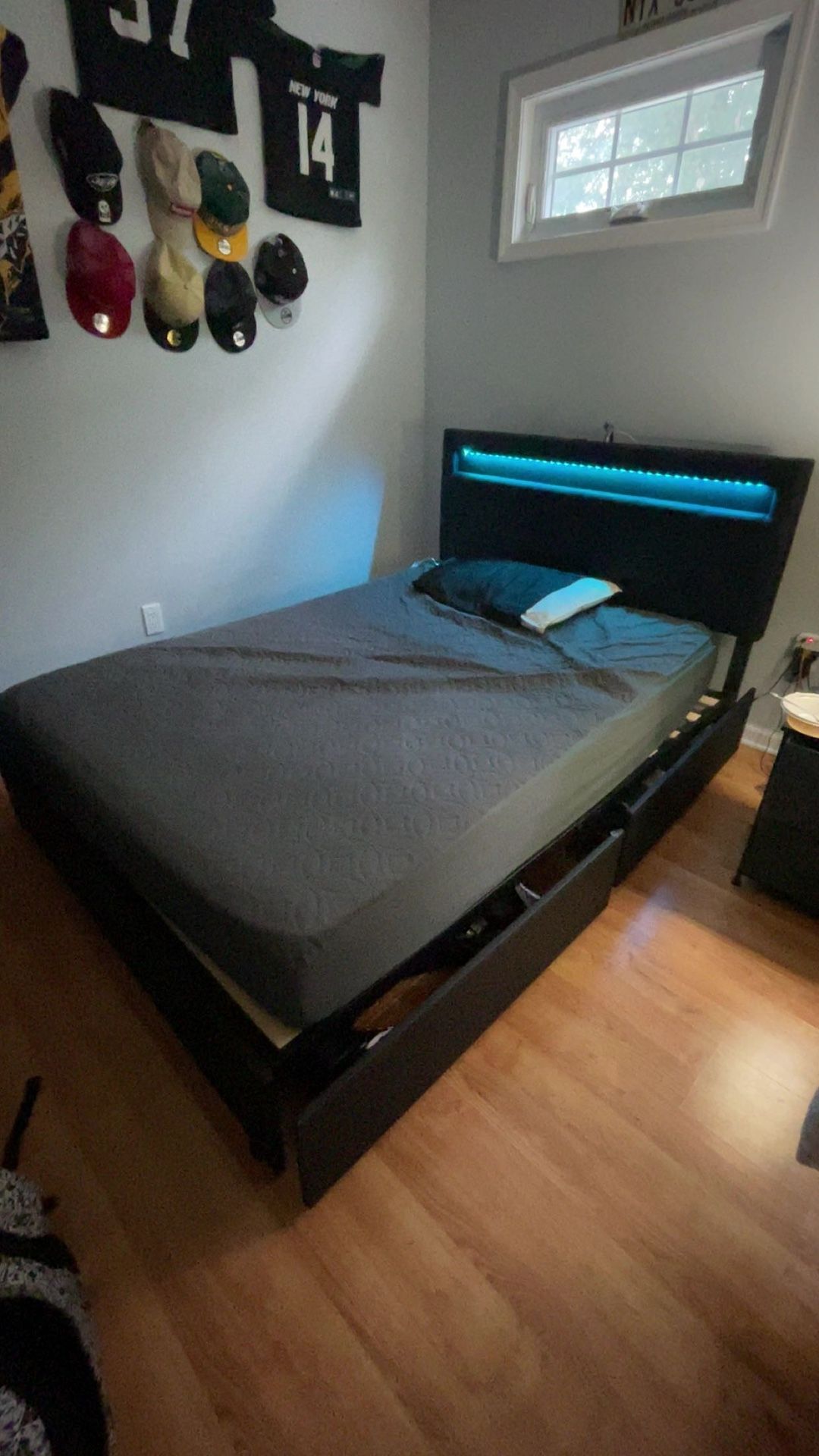 Full Size bedframe (2 shelves on each side for storage)