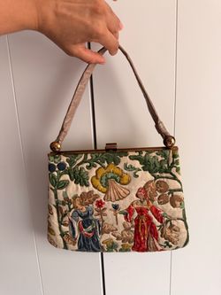 Fassbender, 1950s purse, tapestry purse, medieval tapestry bag, frame bag, kiss clasp bag, vintage hunting scene, cottagecore, original rare