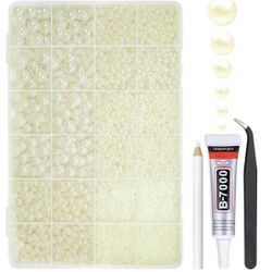  Beige White Flatback Pearls w B7000 Glue for Bedazzling Crafting 3/4/5/6/8/10mm Ivory Half Round Pearl Bedazzling Beads Gems Bedazzler Kit for Nails 