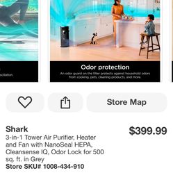 Shark 3-in-1 Tower Air Purifier, Heater and Fan with NanoSeal HEPA, Cleansense IQ, Odor Lock for 500 sq. ft. in Grey