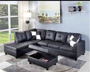 Black Faux Leather Sectional With Storage Ottoman