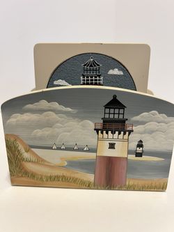 Collectible Nautical Lighthouse Wood Coasters Set Of 4 With Holder