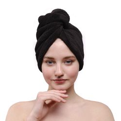 American Soft Linen, Hair Towels for Women, Head Towel Cap, Soft Absorbent Hair Turban Towel Wrap for Long Curly Anti Frizz Hair, 1 Pack, Black