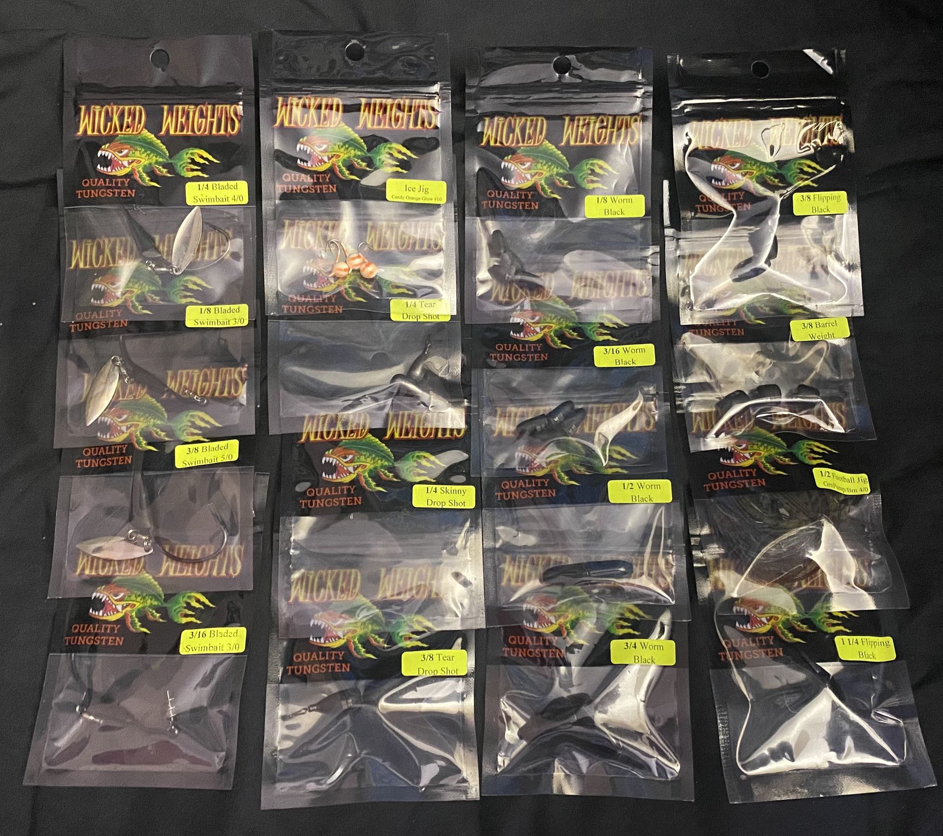 16 Packs Assorted Tungsten Fishing Weights By “Wicked Weights”