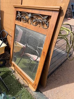Large Wood Framed Wall Mirror with Metal Scrollwork