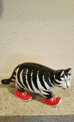 Kliban 6.25" Black & White Cat In Red Sneakers Piggy Coin Bank made in japan