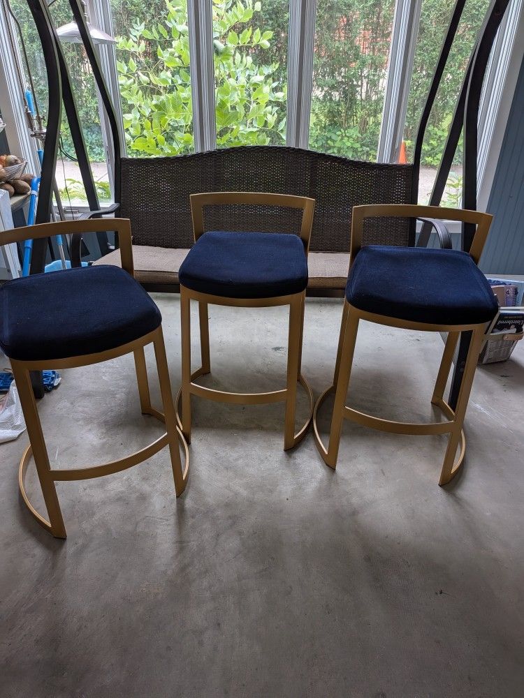 Fuji DLX Contemporary/Glam Counter Stool in Gold Metal and Velvet Blue Cushion by LumiSource 3 Chairs
