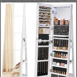 Lockable Mirror Jewelry Cabinet, 360° Swivel Jewelry Organizer Armoire Standing, Frameless Full-Length Mirror, 3 Storage Shelves, White