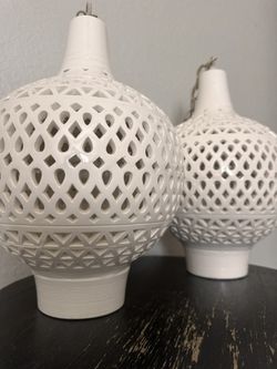 Pair of Vintage Mid-Century White Ceramic Reticulated Pendant Lights