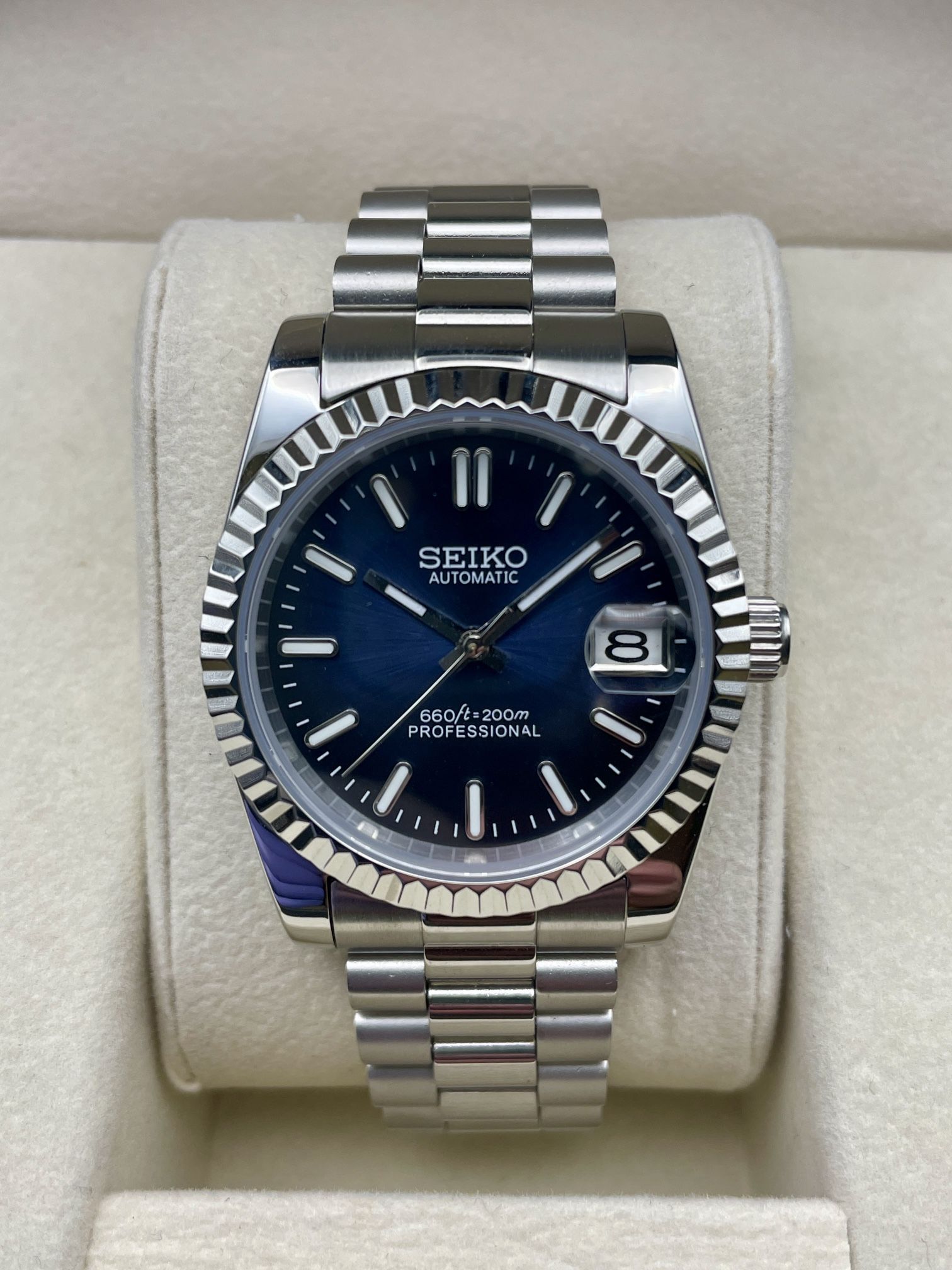 Custom Seiko Automatic - Dark Blue Submariner Dial with Presidential Bracelet