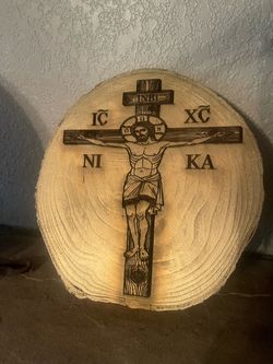 Orthodox Crucifix Wood Slice Wall Art