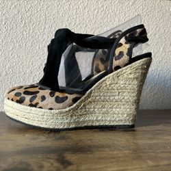 New Charles David Women’s 8.5 Animal Print Calf Hair Lace Up Wedge Sandals 