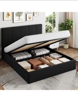 Premium Queen Black Velvet Hydraulic Storage Bed - Adjustable Headboard