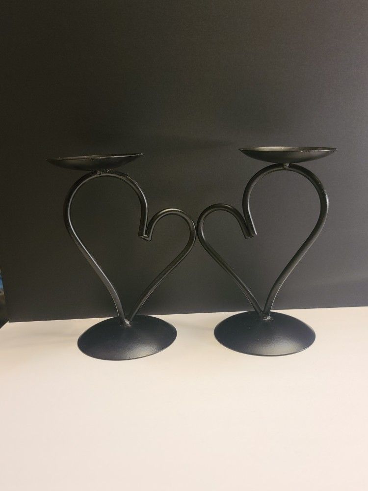Black Metal HEART SHAPED Candle Holder Stands Set of 2 Tabletop