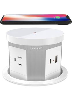 Automatic Pop-Up Power Outlet — 4.33-Inch Pop-Up Countertop Outlet with 15W Wireless Charger, 3 AC Outlets, 1 USB-A Port, 1 Hidden USB-C Port, 5-Foot