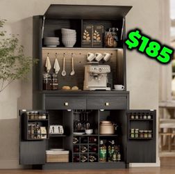 71.1" Tall Kitchen Pantry with Charging Station & LED Light, Sideboard Buffet Storage Cabinet with Hydraulic Flip Up Door, Drawers, Pegboard, Cupboard