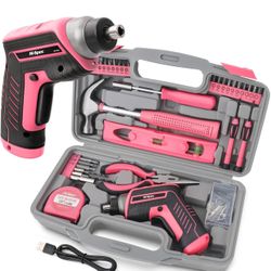 35pc Pink Tool Kit with 3.6V USB Electric Screwdriver and Drill Set. Complete Women Tool Set