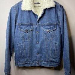 Brandy Melville Blue Denim Sherpa Fur Lining Jacket One Size Button Snap Unisex