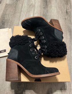UGG JAXON BLACK SUEDE CUFF LACE UP HEEL ANKLE BOOT BOOTIES SIZE 6 WOMENS