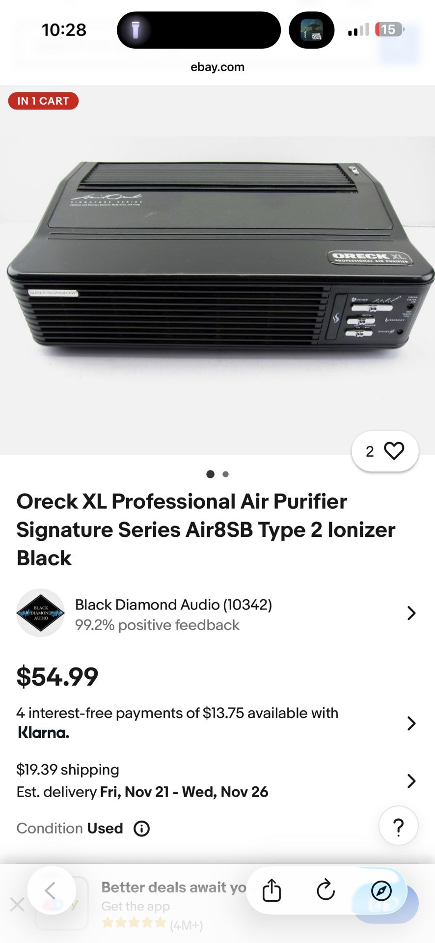 Oreck XL Professional Air Purifier Signature Series Air8SB Type 2 Ionizer Black