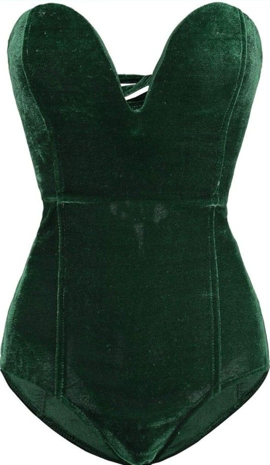 Women Burgundy Bandeau Back Lace Up Velvet Bodysuit