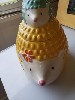 Pier 1 SADIE Hedgehog Mom and Baby Cookie Jar with Lid, 9", Yellow and Green, Textured Bumpy, Canister Jar Storage

@