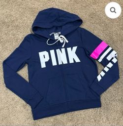 WOMENS VICTORIAS SECRET PINK HOODIE.  BLUE WITH PINK. WHITE LOGO. SMALL