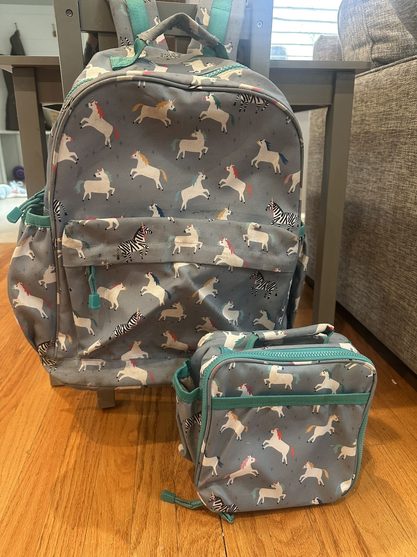 Girls unicorn backpack and matching lunch bag, crate and barrel brand